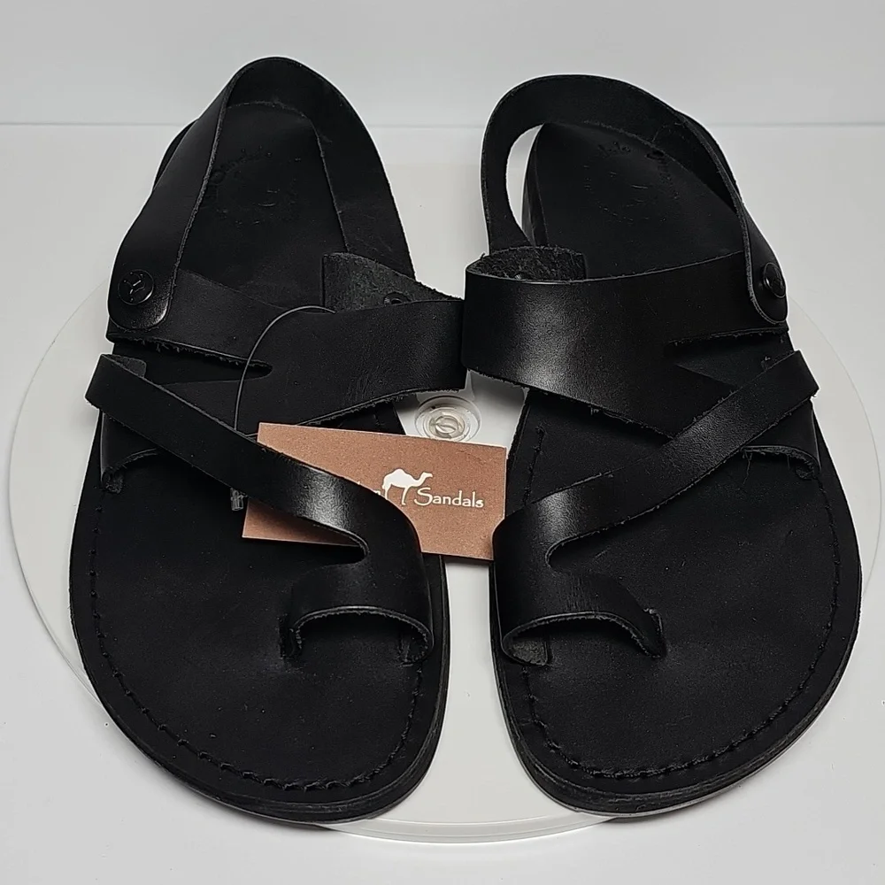 Jerusalem Amos Flat Sandals Ankle Strap Toe Loop‎ Adjustable Leather Black 13 46